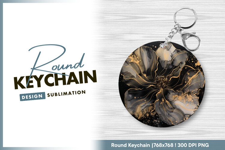 Elegant black and gold floral round keychain example image 1
