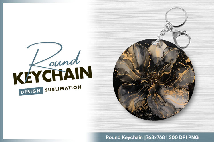 Elegant black and gold floral round keychain