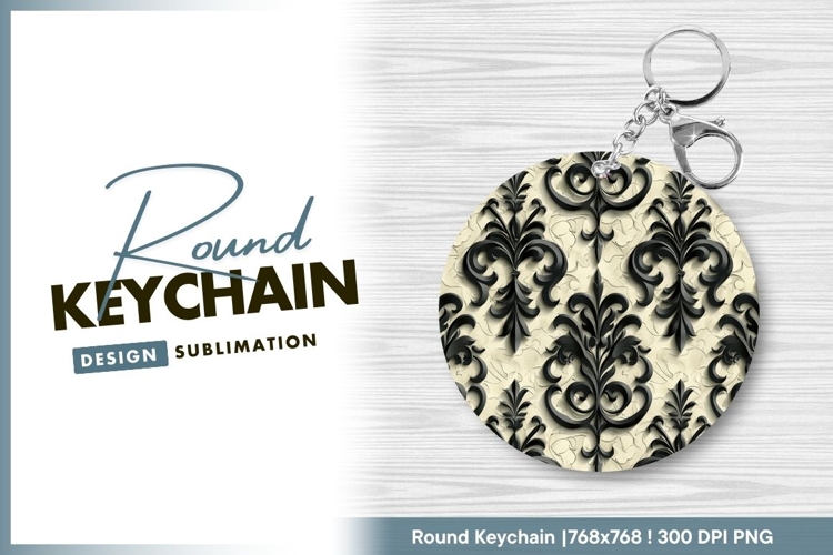 Black damask pattern on textured beige round keychain png