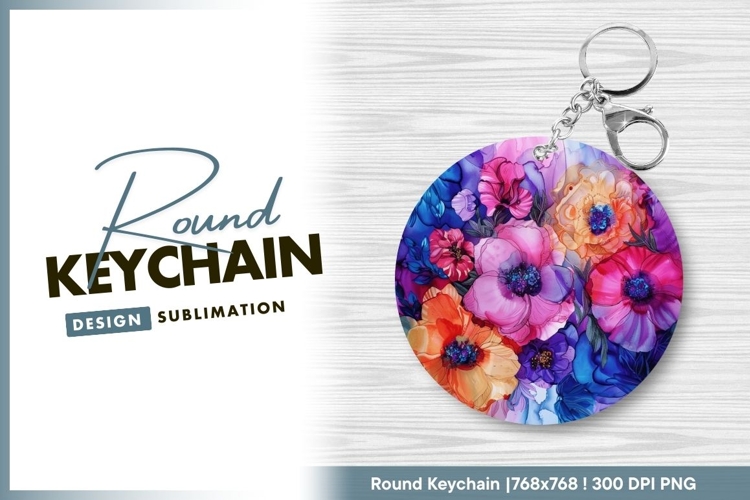 Colorful alcohol ink floral design round keychain png