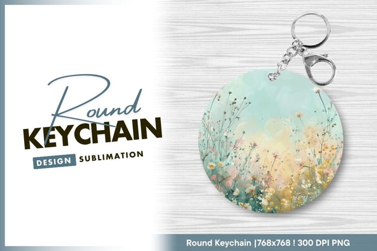 Watercolor flower meadow round keychain png