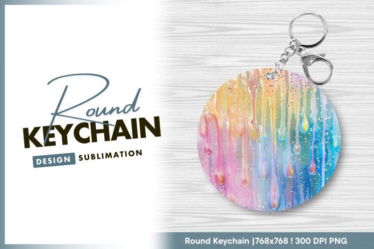 Glittering rainbow paint drips round keychain png