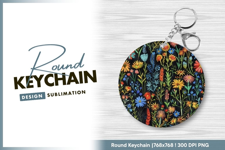 Colorful floral embroidery round keychain png