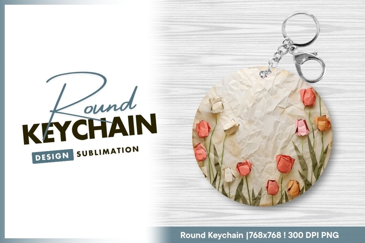 Origami tulips on wrinkled paper round keychain