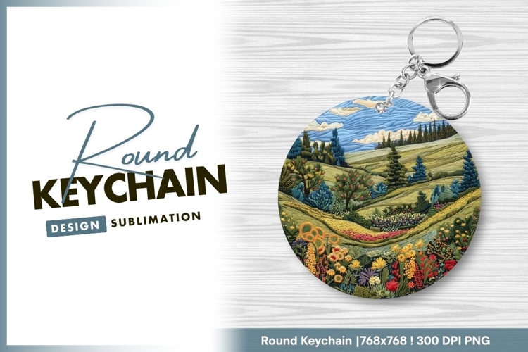 Embroidered landscape with flowers round keychain png