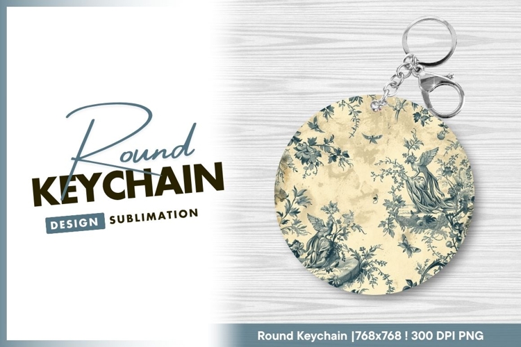 Vintage toile pattern with birds and flowers round keychain
