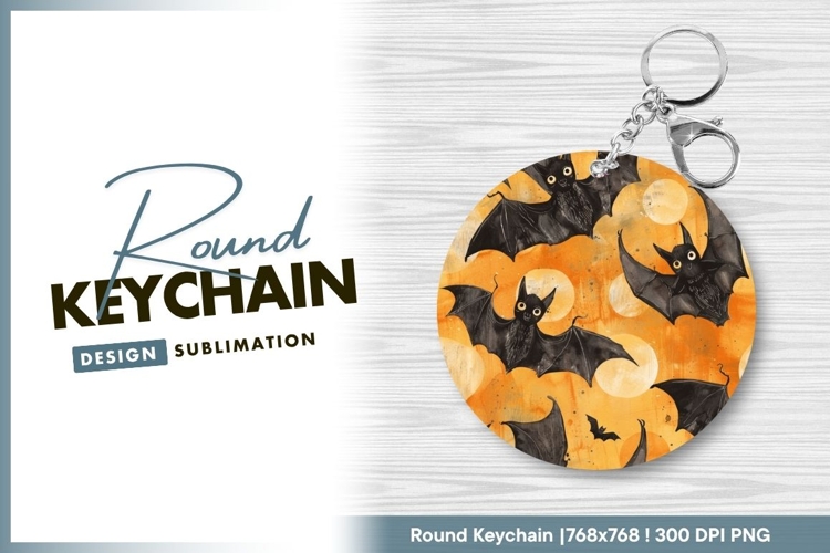 Halloween bats orange watercolor round keychain png