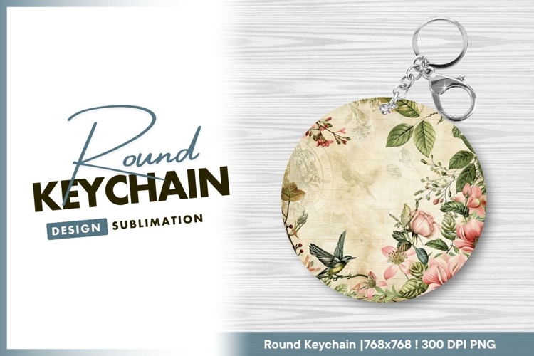Vintage floral bird design round keychain png