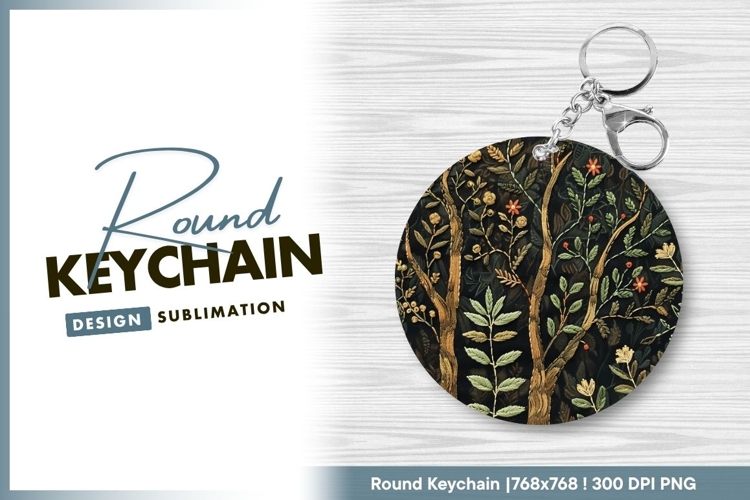 Embroidered trees and flowers round keychain png