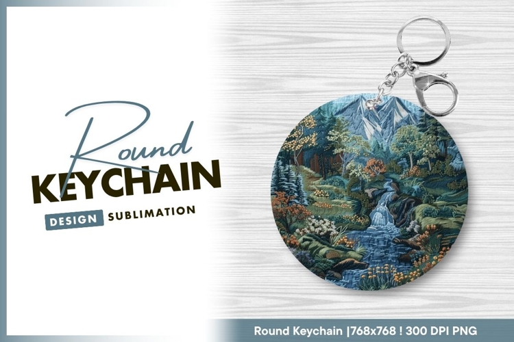 Embroidered mountain scene landscape round keychain png
