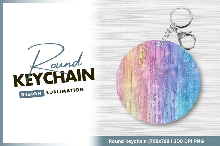 Rainbow watercolor with raindrops round keychain png