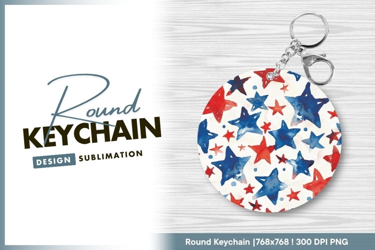 Watercolor red and blue star pattern round keychain