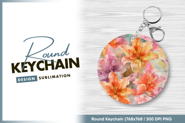 Watercolor floral pattern with lilies and round keychain png