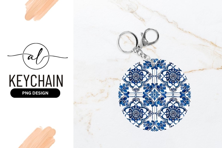 Blue and White Floral Tile Pattern on Round Keychain P N G