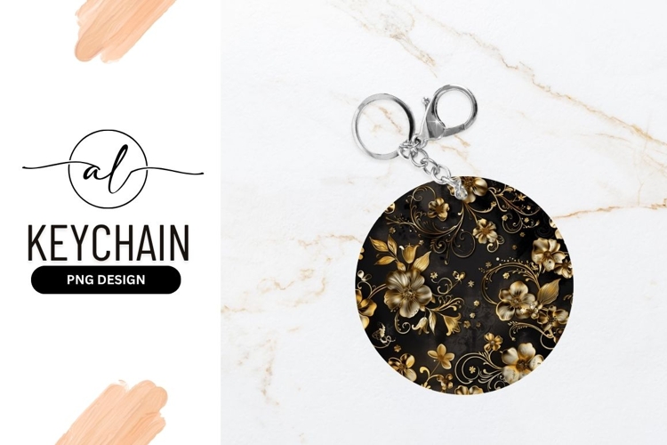 Gold Floral Pattern on Black Background Round Keychain P N G