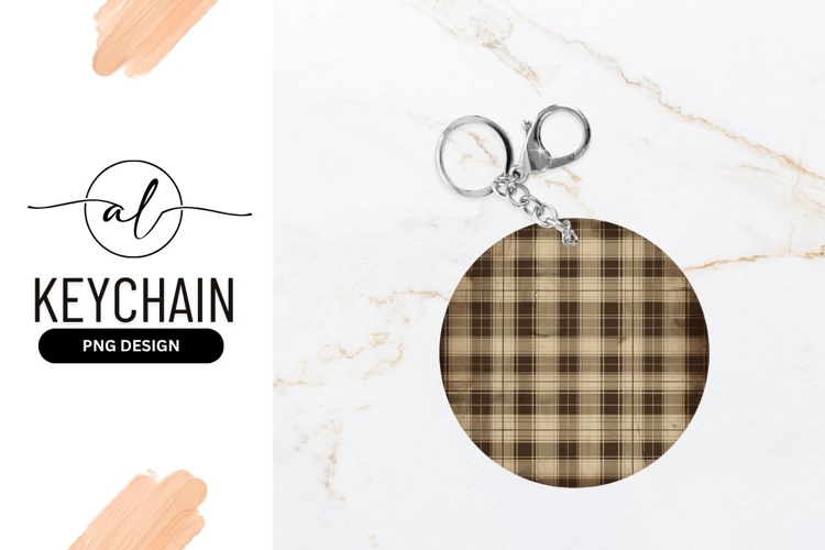 Brown and Beige Plaid Pattern in a Round Keychain P N G