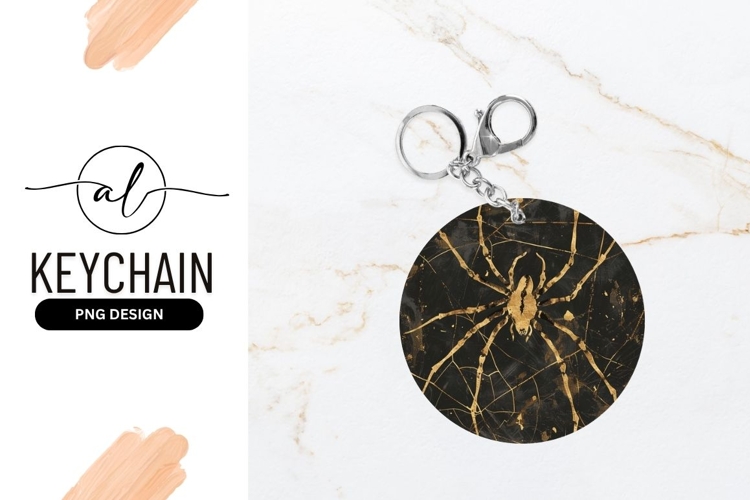 Gold Spider Web Illustration on Black Round Keychain P N G
