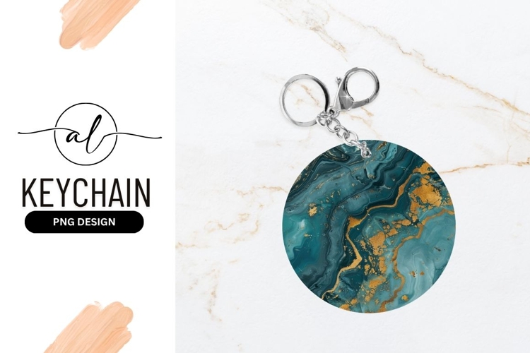 Teal and Gold Marble Swirls on Round Keychain P N G