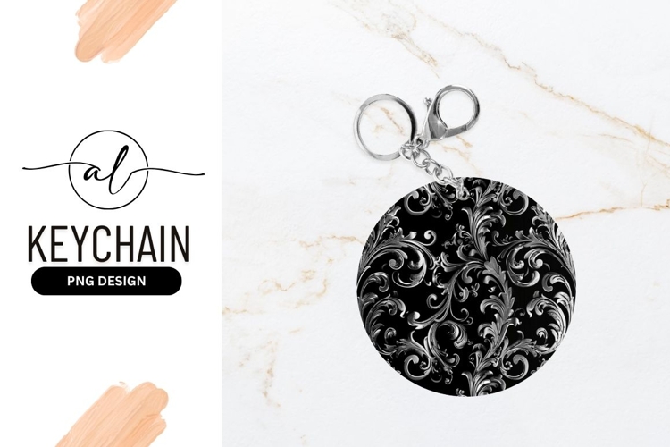 Black and Silver Floral Swirls Round Keychain P N G Pattern
