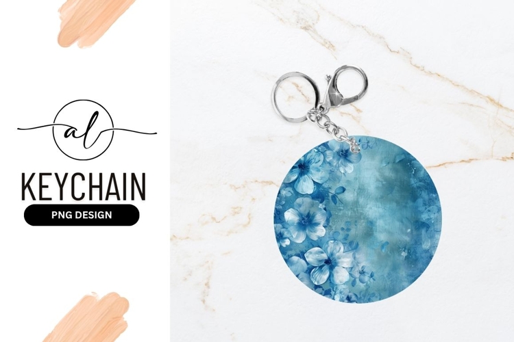 Blue Floral Round Keychain P N G Design Watercolor Flower