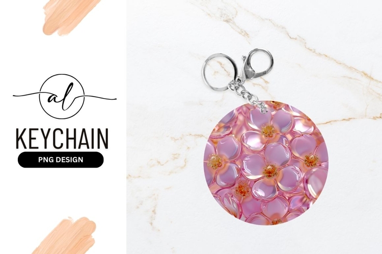 Pink Crystal Flowers Round Keychain Png