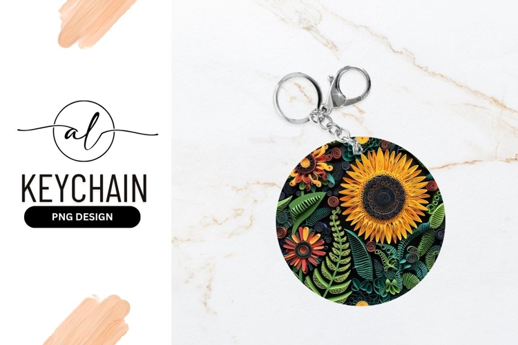 Paper Sunflower and Floral Composition in a Round Keychain