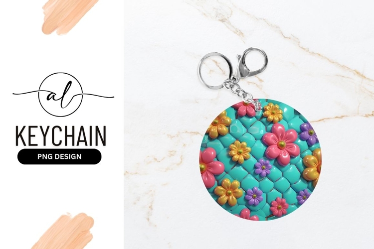 3D Flowers On Turquoise Quilted Background Round Keychain
