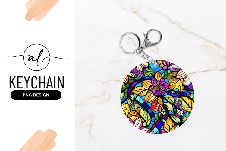 Stained Glass Floral Design Round Keychain Png