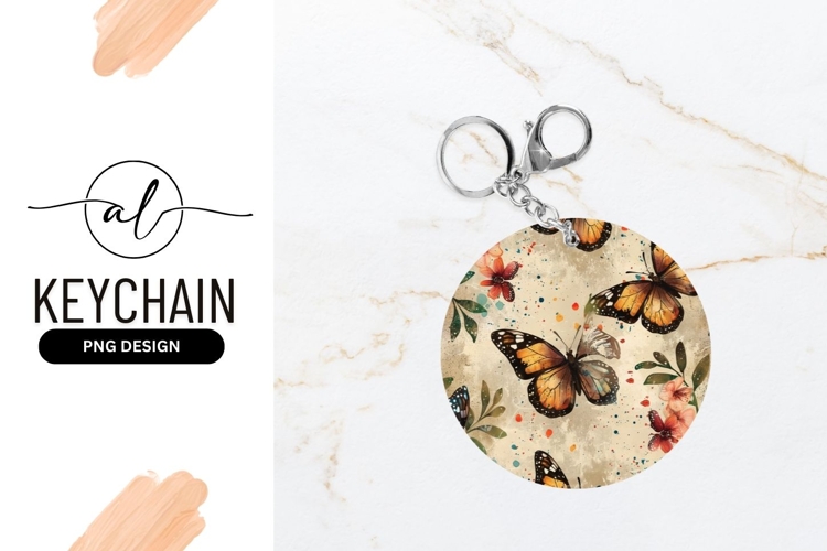 Round keychain with butterfly and floral design