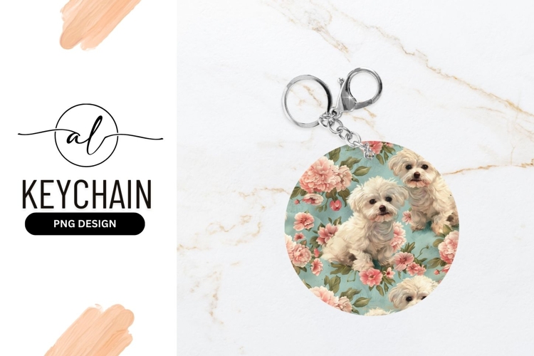 Round keychain with floral maltese puppy design