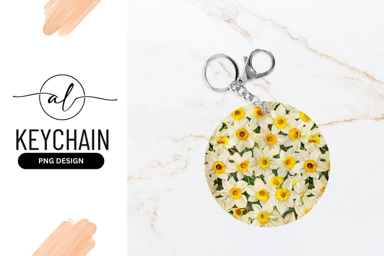 Round keychain with yellow and white daffodil design