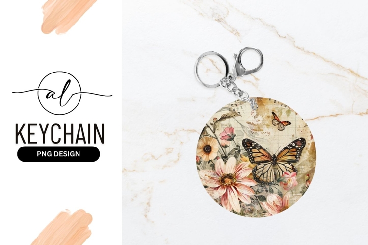 Round keychain with vintage butterfly and floral design
