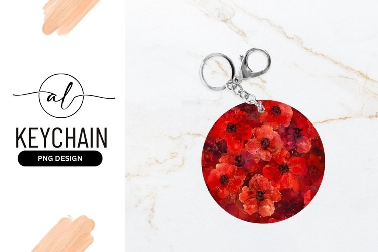 Round keychain with vibrant red flower design example image 1
