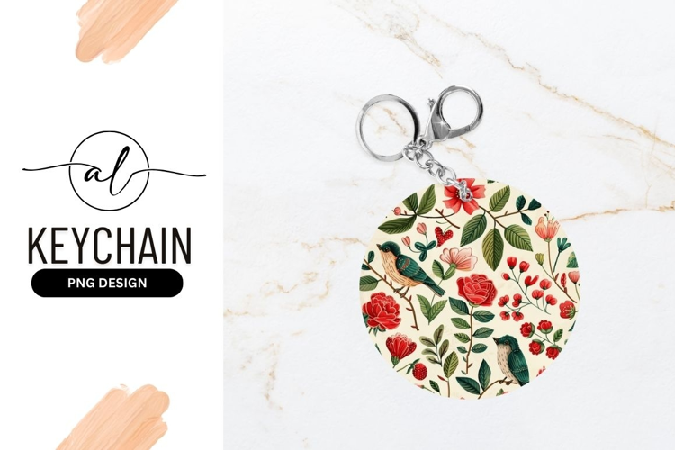 Round keychain with floral and bird design