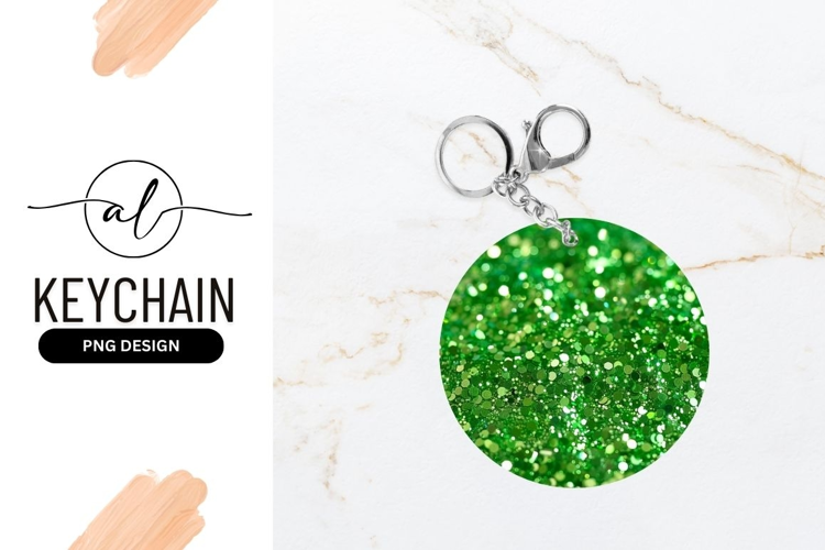 Round keychain with sparkling green glitter design