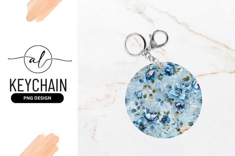 Blue Floral Watercolor Round Keychain Png Design