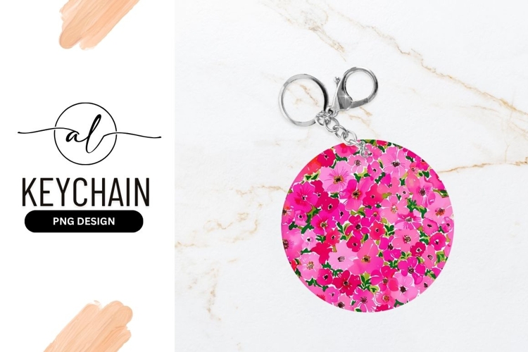 Pink Floral Pattern Round Keychain Png