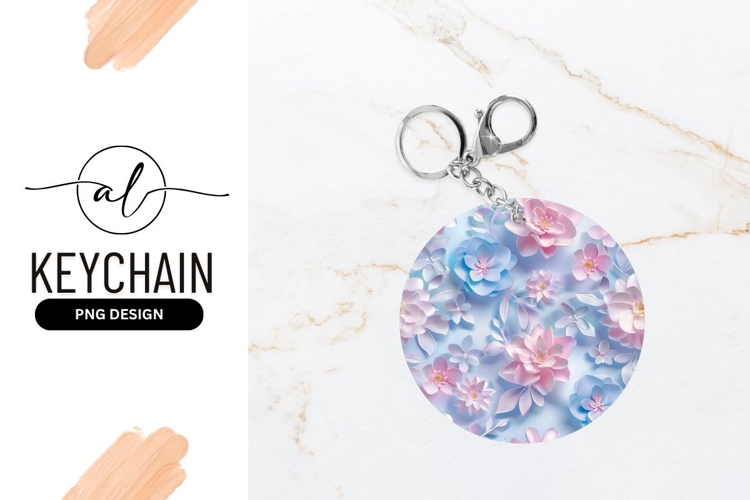 Pink Blue Floral Pattern Round Keychain Png