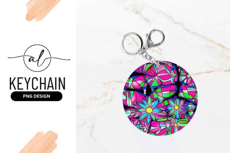 Colorful Floral Design Round Keychain Closeup