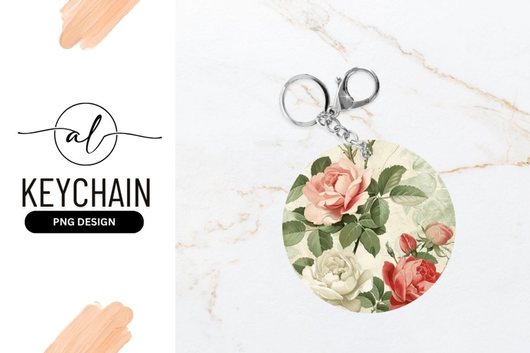 Vintage Roses Floral Illustration Round Keychain Png
