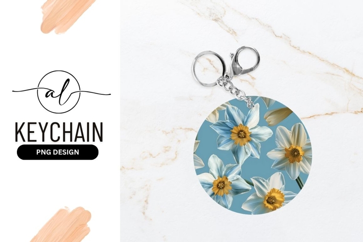 Narcissus Flowers On Light Blue Round Keychain