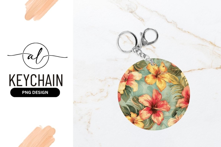 Tropical Hibiscus Flowers And Leaves Round Keychain Png