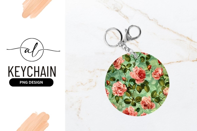 Pink Roses On Green Round Keychain Png