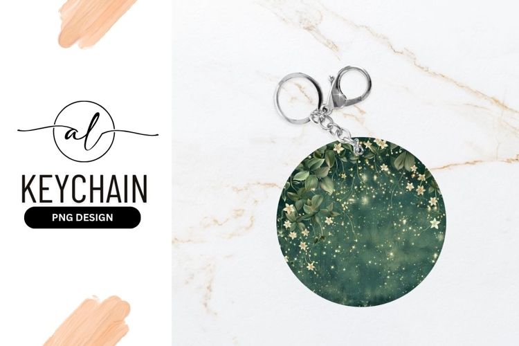 Floral And Glittery Green Round Keychain Png