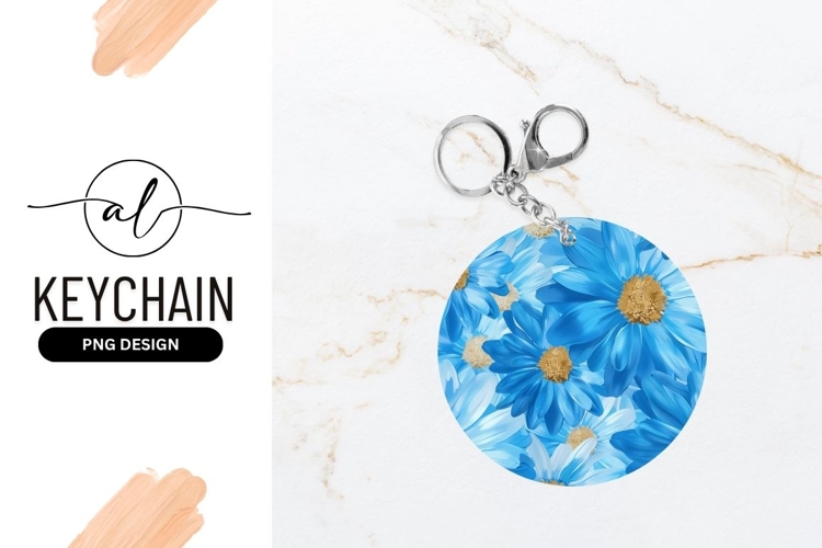 Blue Daisy Floral Pattern Round Keychain Png
