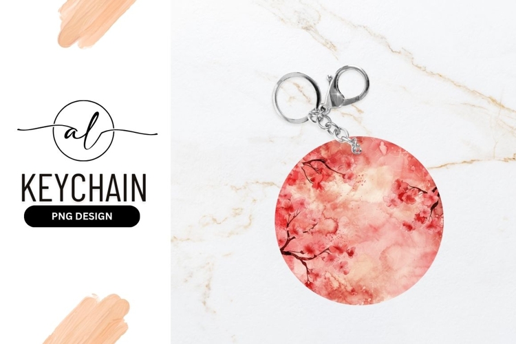 Pink Floral Watercolor Circle Design Round Keychain Png