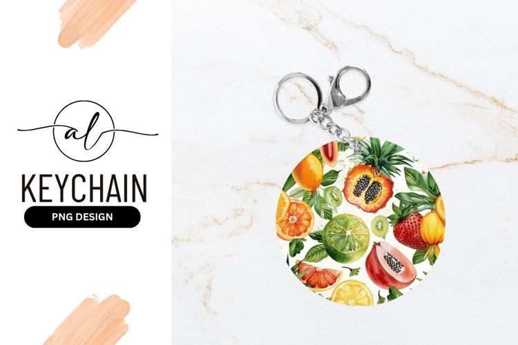 Watercolor Fruits Tropical Pattern Round Keychain Png