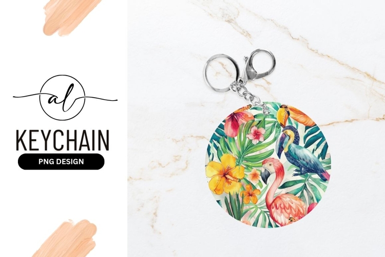 Tropical Watercolor Birds And Flowers Round Keychain