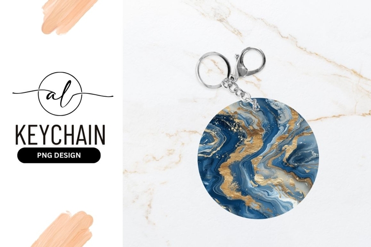 Blue And Gold Abstract Round Keychain Design