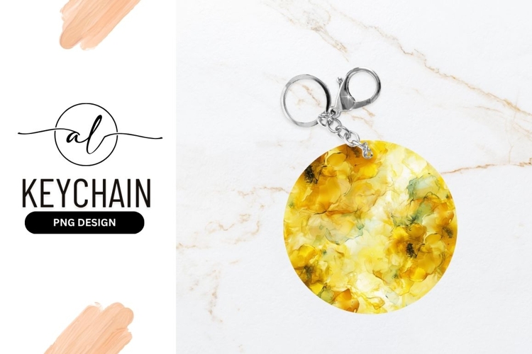 Yellow Floral Ink Art Round Keychain Design